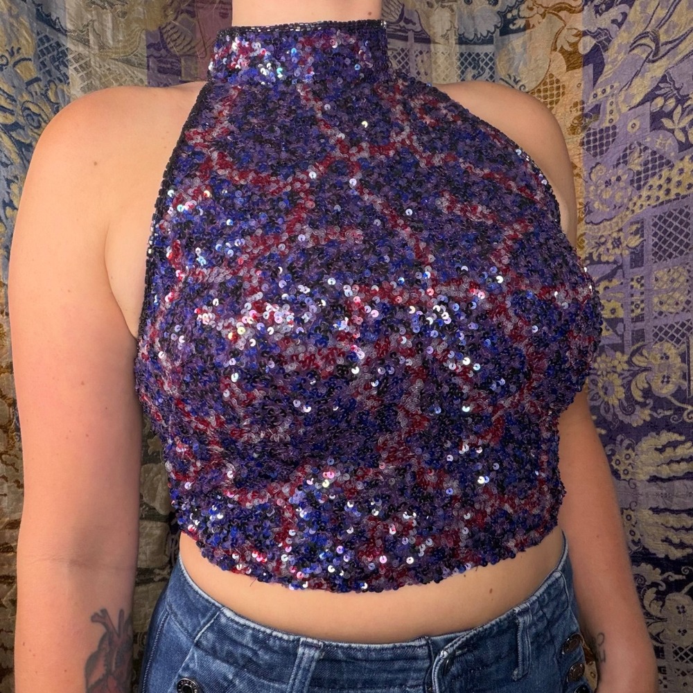 VTG Silk Beaded Sequin Dancer Glam Jewel Tone Crop Top Blouse Size M